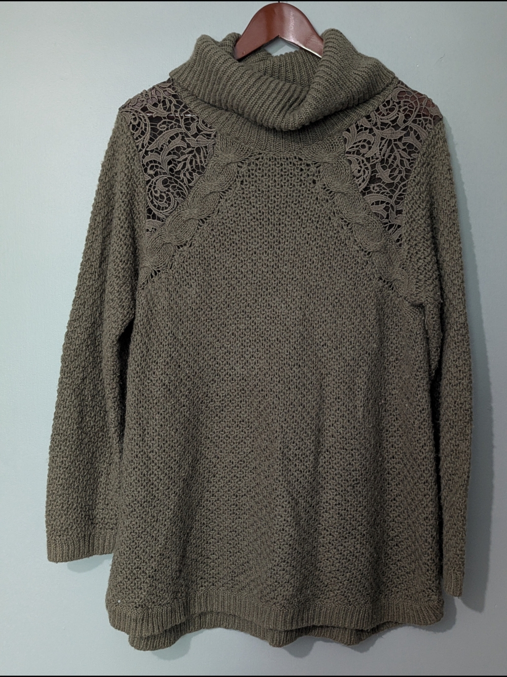 Addition Elle Women's Cowl Neck Knit Sweater Lace Shoulders Olive Boho Romantic